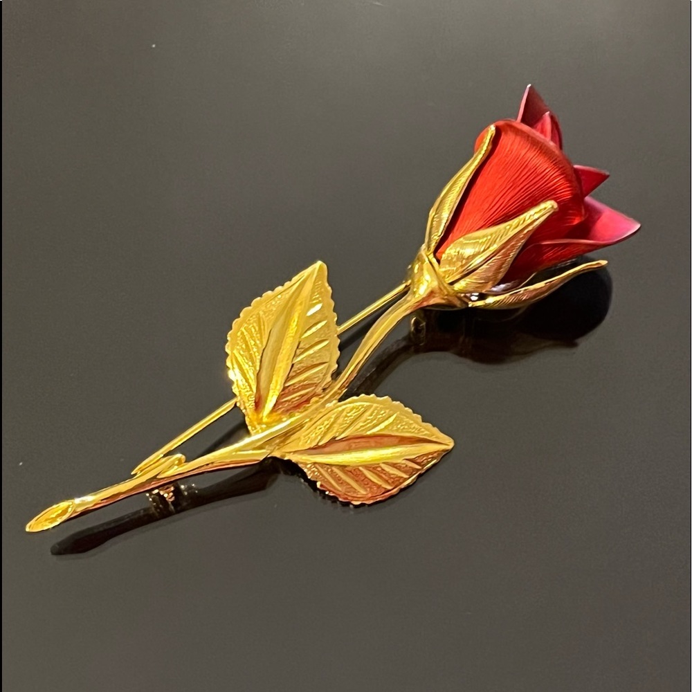 Beautiful Gold Tone Red Enamel Covani Signed Rose Brooch